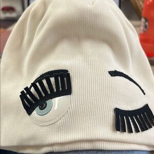 Chiara Ferragni Cream Beanie with Eye and Lash Appliqués